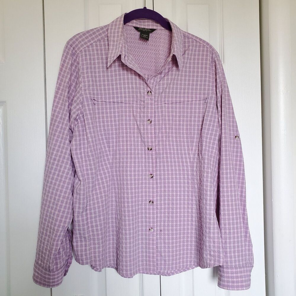 Eddie Bauer Tailored Women's L Purple Button Down Plaid Long Sleeve Sz Large